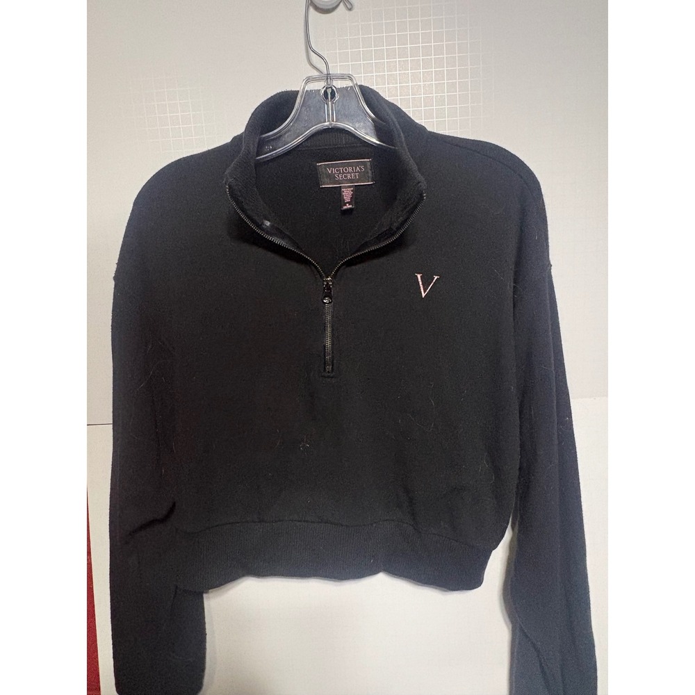Victoria's Secret Black Fleece Quarter Zip Cropped Pullover Sweatshirt Medium